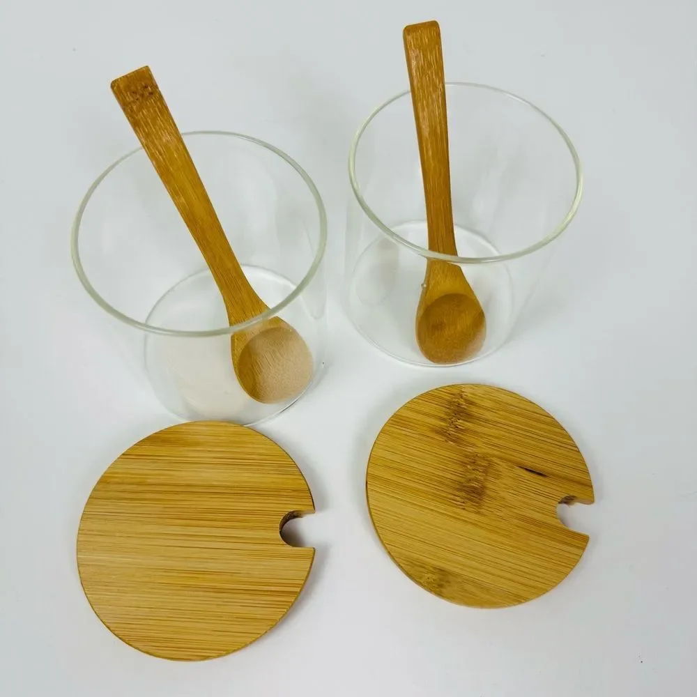 2 PCS Clear Glass Condiment Canister Set with Bamboo Lid & Spoon